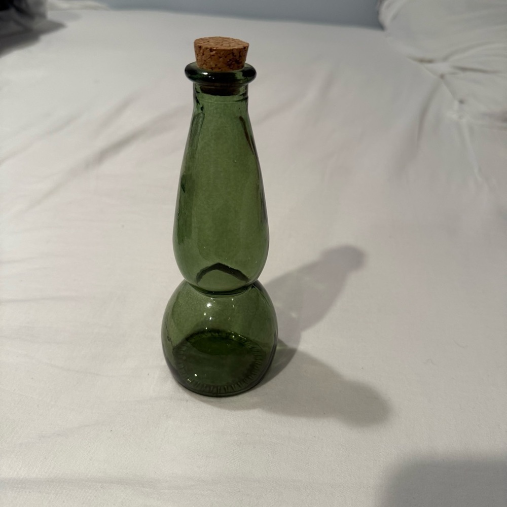 Unique Shaped Green Glass Bottle with Cork 8” Tall